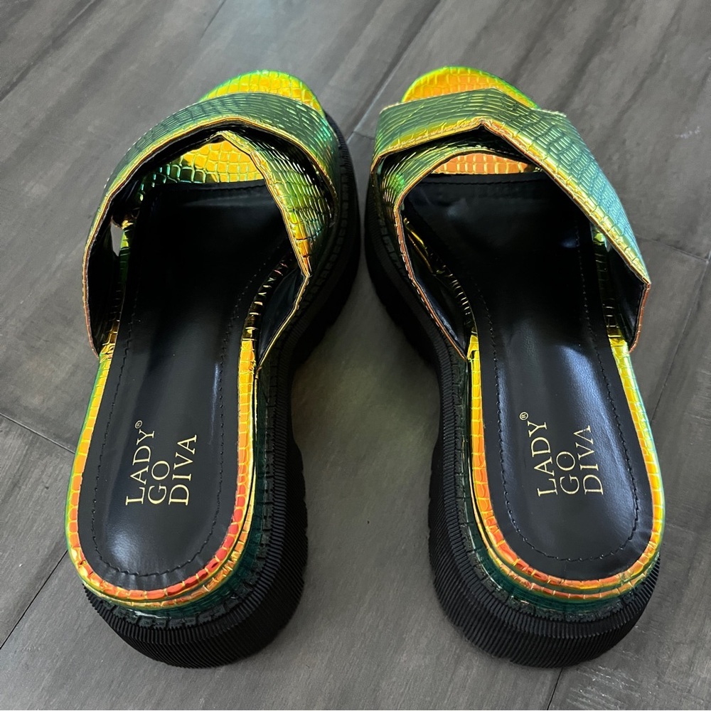 Dolls Kill Iridescent Croc Criss Cross Platform Sandals - Size 6 - Picture 10 of 13